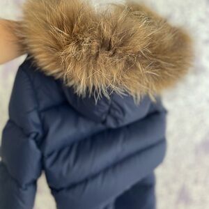 Navy Puffer Jacket with Faux Fur Hood